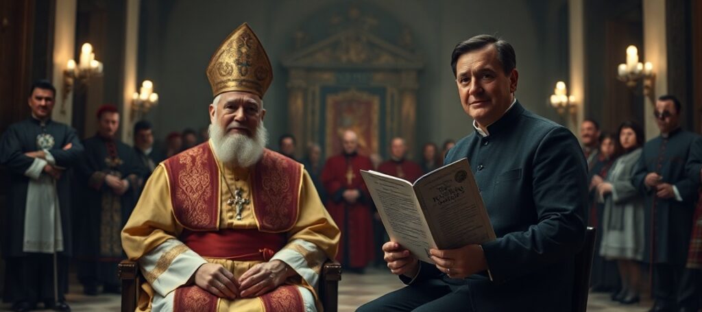 A somber image depicting the antipope Robert Prevost and tech executive Christopher Olah in a dimly lit Synod Hall, surrounded by cardinals and theologians, emphasizing the abandonment of Christ the King and the spiritual bankruptcy of the conciliar sect.