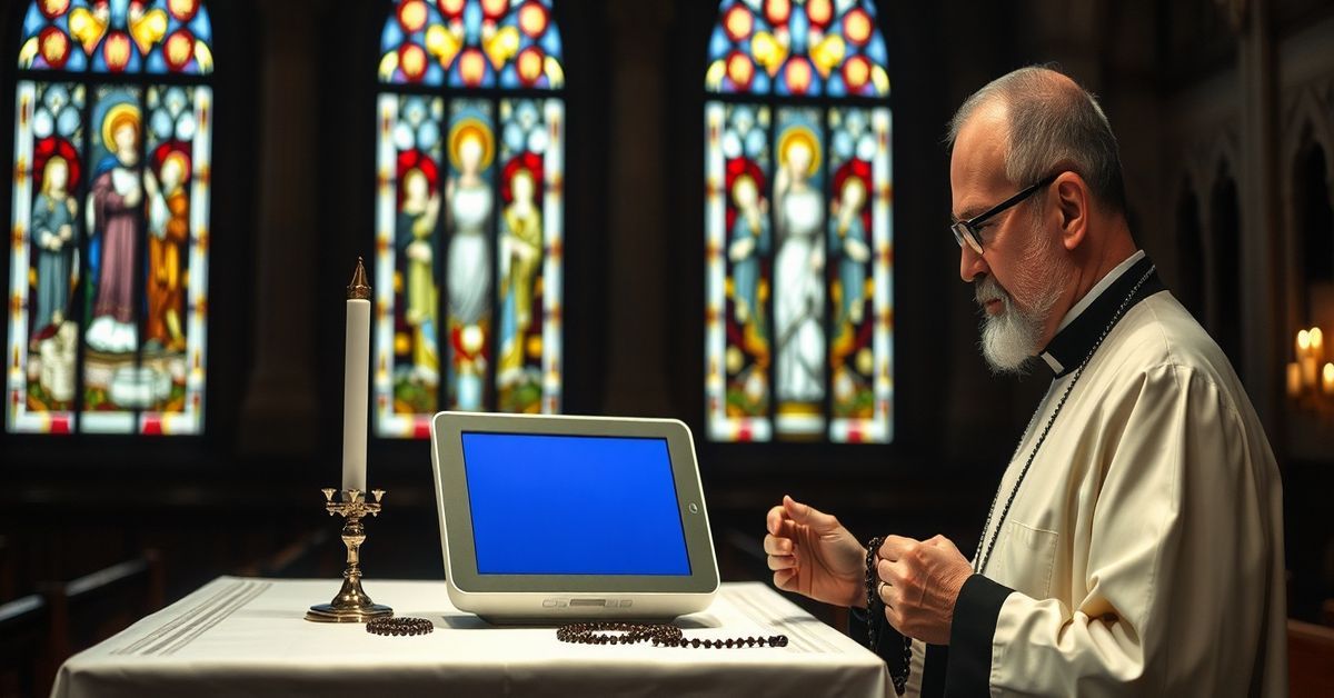 A traditional Catholic priest in a church holding a rosary, contrasting with a modern telemedicine device on an altar, symbolizing the conflict between faith and secularism.