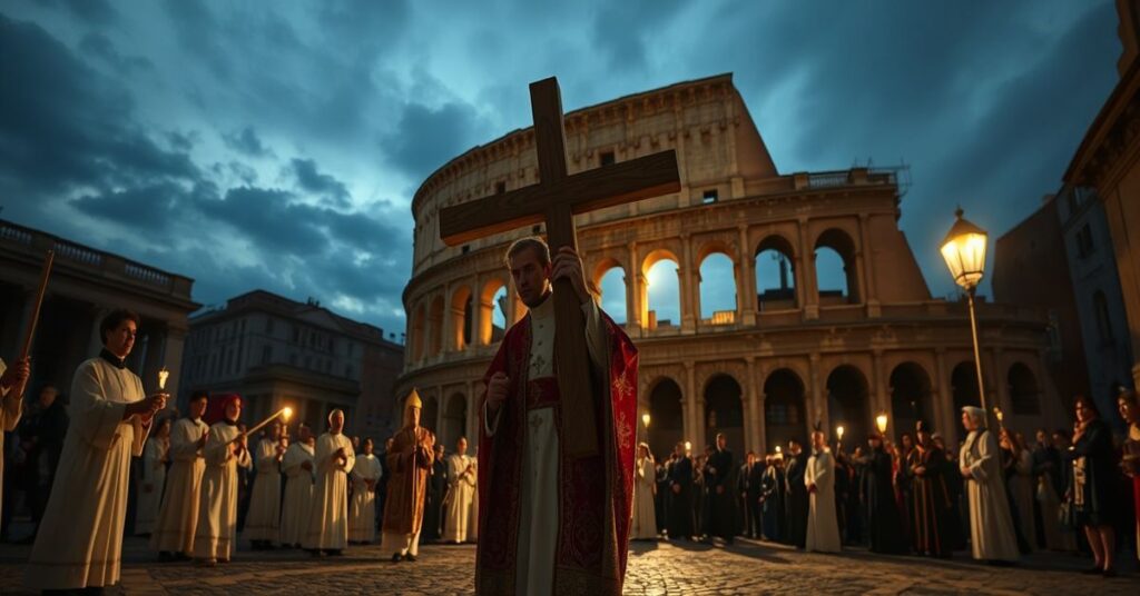 A solemn evening scene at the Colosseum in Rome where 'Pope Leo XIV' carries a cross during the Good Friday Via Crucis.