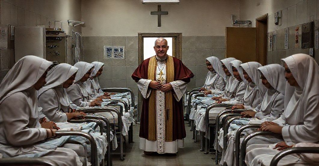 A traditional Catholic hospital scene in Lebanon with Franciscan Sisters of the Cross tending to patients while an antipope stands prominently.
