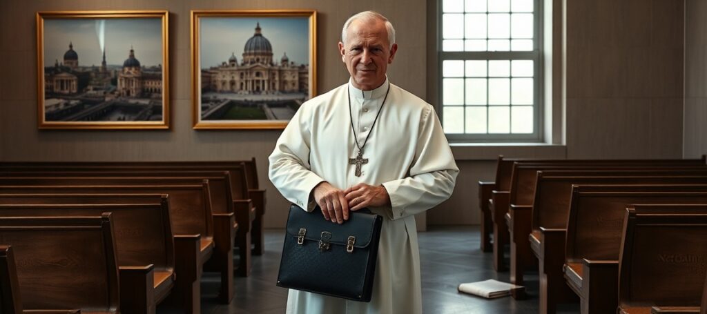 Robert Prevost in white cassock holding briefcase in modern Vatican office with empty pews and discarded Tridentine Missal in background