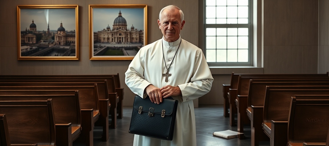 Robert Prevost in white cassock holding briefcase in modern Vatican office with empty pews and discarded Tridentine Missal in background