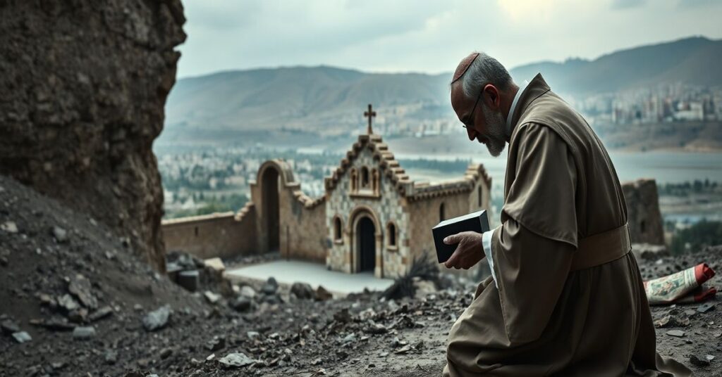 A Catholic priest kneeling in prayer before a decaying church in the Holy Land, symbolizing the spiritual desolation and apostasy of the conciliar sect.
