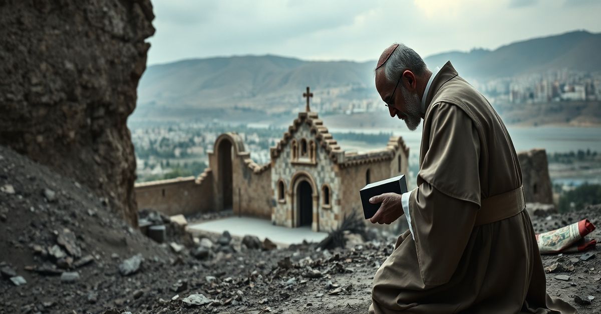 A Catholic priest kneeling in prayer before a decaying church in the Holy Land, symbolizing the spiritual desolation and apostasy of the conciliar sect.