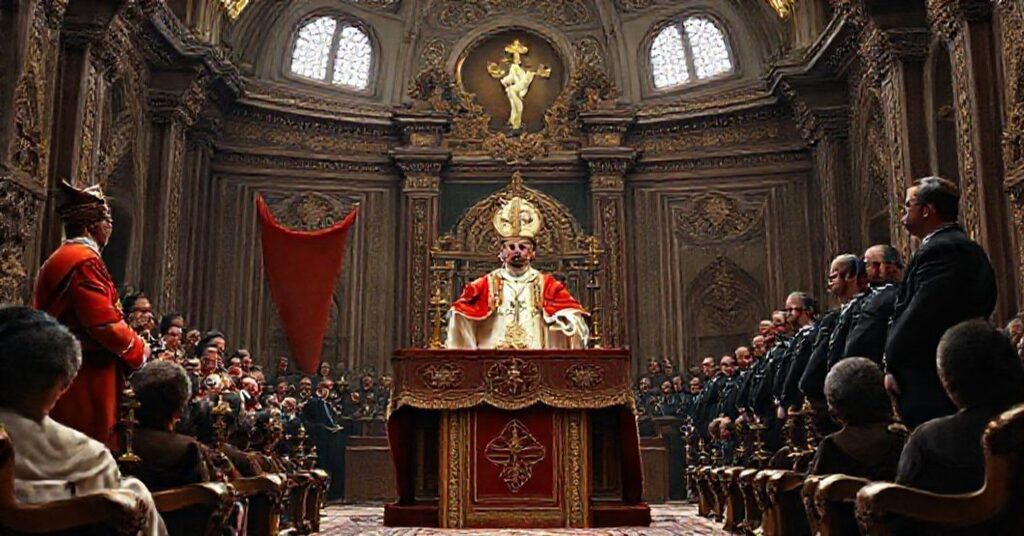 A solemn depiction of antipope Leo XIV delivering a controversial speech in Ankara, Turkey, before Turkish President Recep Tayyip Erdoğan, symbolizing the fusion of false religions and modernist apostasy.