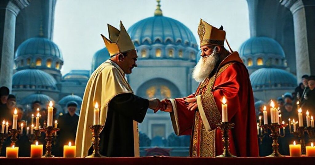 Antipope Leo XIV and Ecumenical Patriarch Bartholomew I signing a joint declaration in Istanbul's Hagia Sophia, surrounded by ecclesiastical symbols.