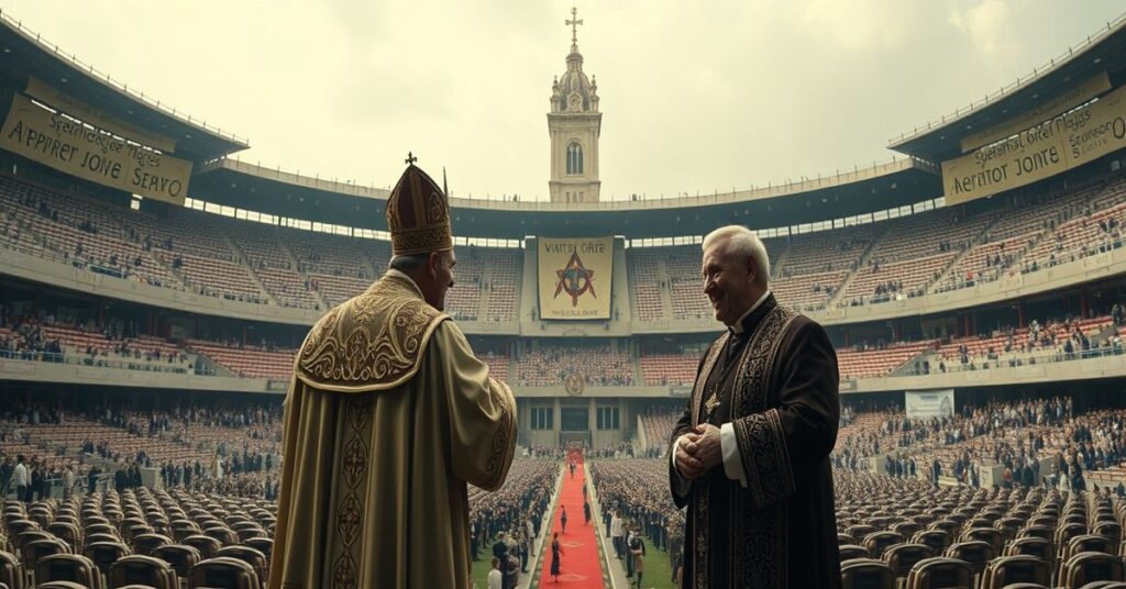 A solemn depiction of the apostasy in Monaco as the false pope conducts a Novus Ordo 'Mass' in a stadium