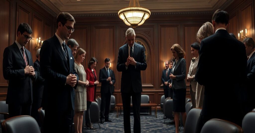 Politicians in a dimly lit Capitol Hill conference room engaging in prayer, symbolizing the naturalistic apostasy of 'Catholic Connections'