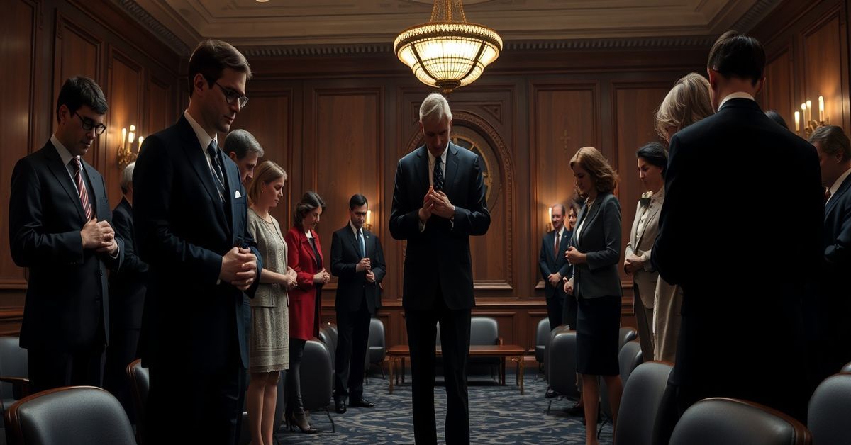 Politicians in a dimly lit Capitol Hill conference room engaging in prayer, symbolizing the naturalistic apostasy of 'Catholic Connections'