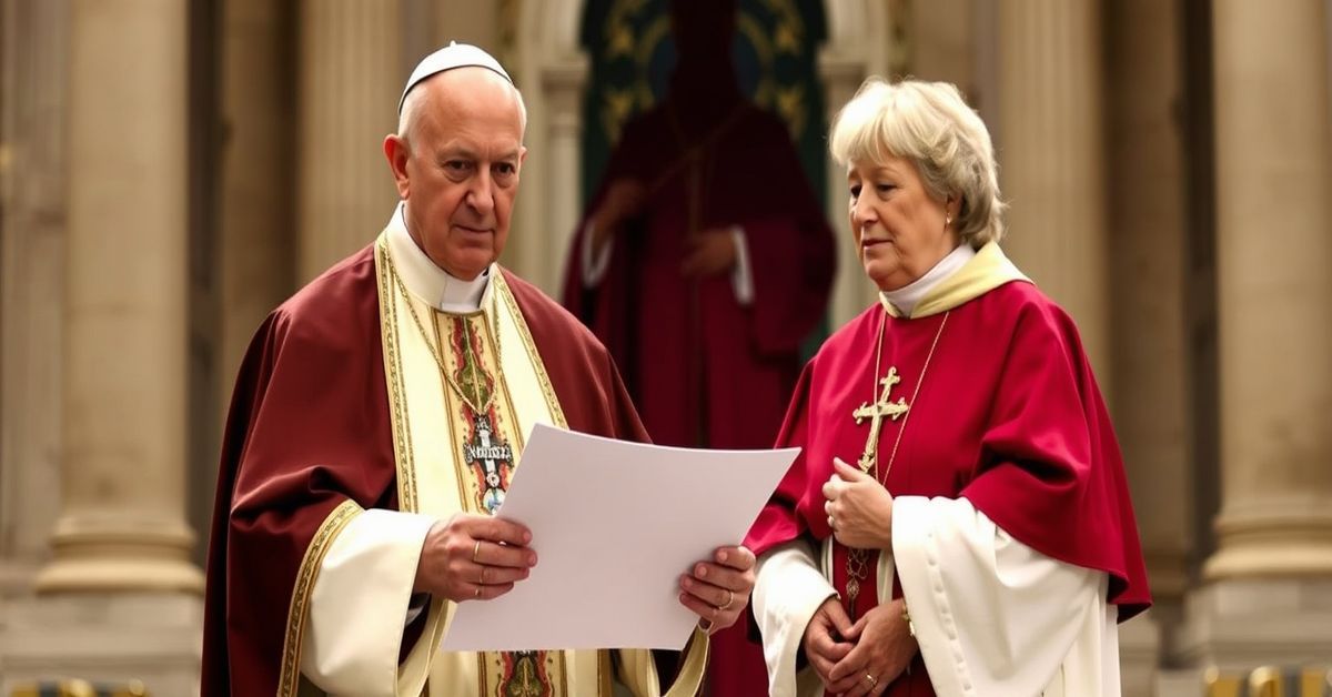 A solemn image depicting the apostate "Pope" Leo XIV endorsing Anglican heresy by recognizing the female "Archbishop" of Canterbury, symbolizing ecumenical betrayal.