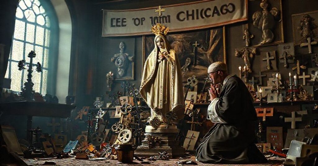A traditional Catholic priest kneeling in prayer in a dimly lit Vatican study surrounded by modernist iconography and defaced statues.