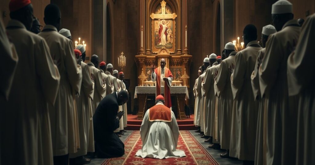 A solemn Catholic ordination ceremony in Burkina Faso, where a new "nuncio" is ordained by "Cardinal" Pietro Parolin under the false authority of the antipope "Leo XIV". The scene reflects the post-conciliar apostasy and modernist errors.