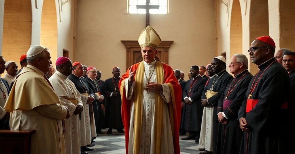 A depiction of the usurper "Pope Leo XIV" and his modernist delegation during a visit to Equatorial Guinea, symbolizing the apostasy of the conciliar sect.