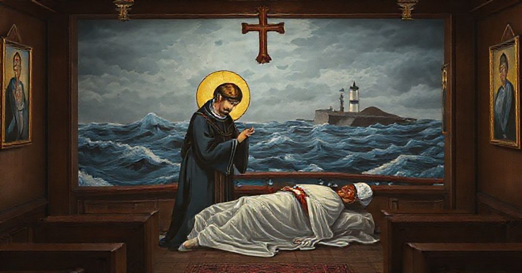 A solemn Catholic maritime chapel adorned with traditional religious icons, depicting a priest in cassock administering last rites to a dying sailor on a ship deck.
