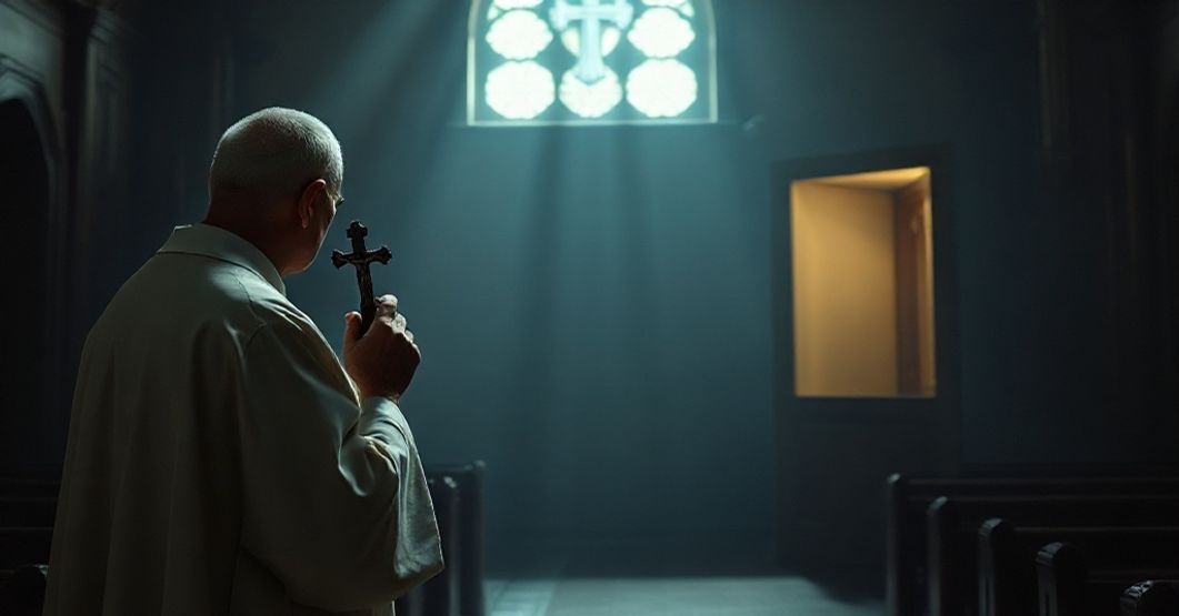 A traditional Catholic priest praying solemnly in an empty church, symbolizing the Church's abandonment of supernatural remedies for suicide prevention.
