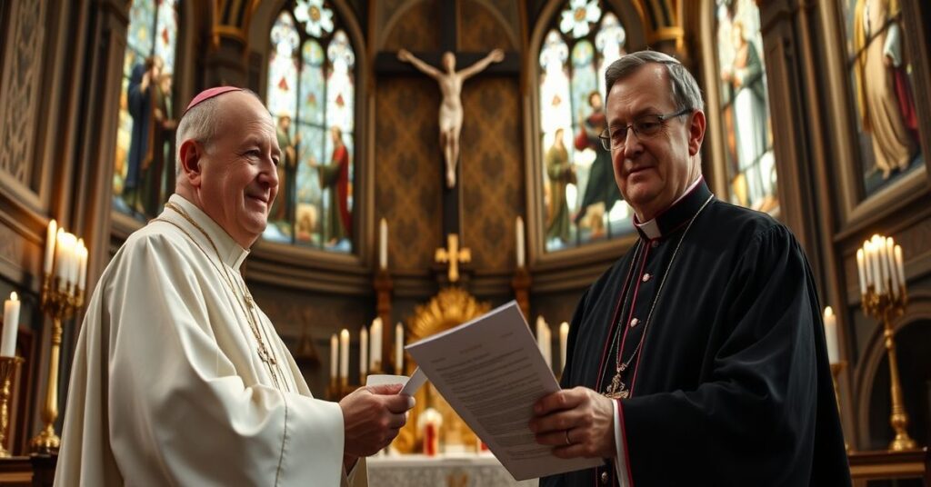 A solemn Catholic cathedral interior with "Monsignor" Michael J.K. Fuller receiving a papal document from the usurper Leo XIV, surrounded by traditional Catholic imagery.
