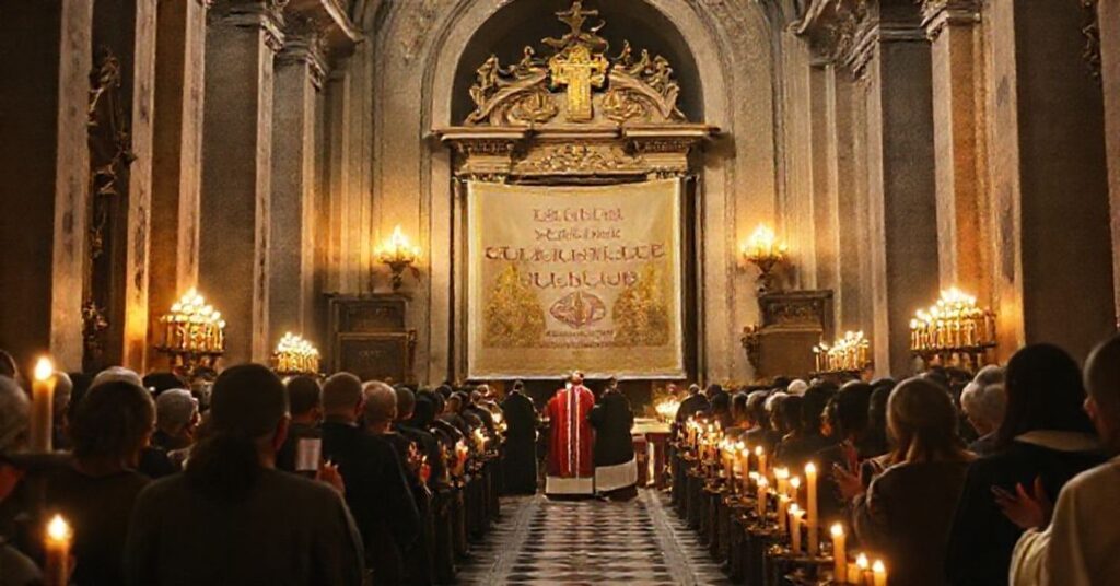 A solemn Catholic scene depicting the closing of a "holy door" by antipapal figures in a Roman basilica, highlighting the blasphemous nature of the conciliar sect's jubilee.