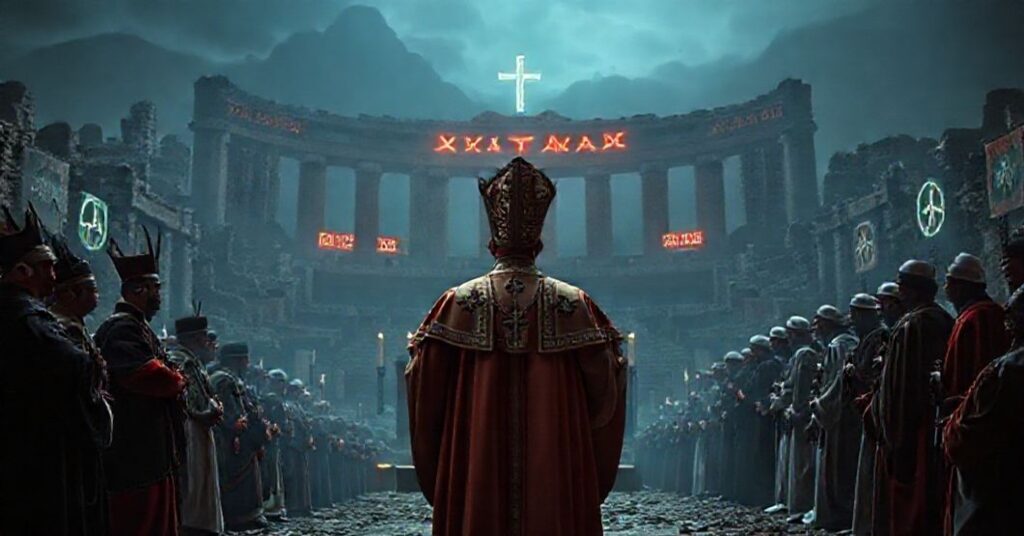 Antipope Leo XIV at ecumenical prayer service in Istanbul stadium with heretical clergy and Muslim dignitaries, desecrating Nicaea's legacy.