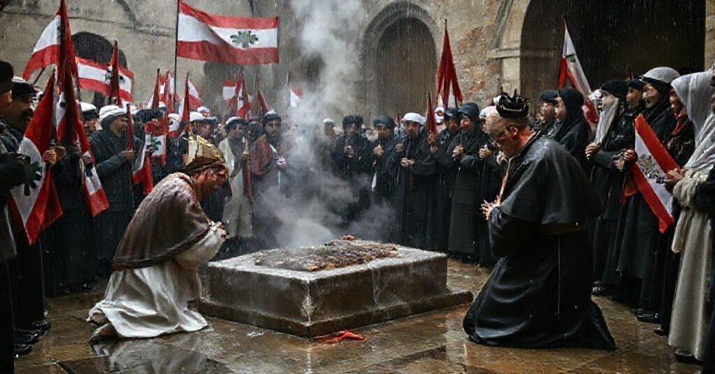 A solemn rain-soaked scene at St. Maron's Monastery in Annaya, Lebanon (2025), showing "Pope" Leo XIV kneeling at St. Charbel's tomb amid a mixed crowd of Muslims and modernist "Catholics" holding flags.
