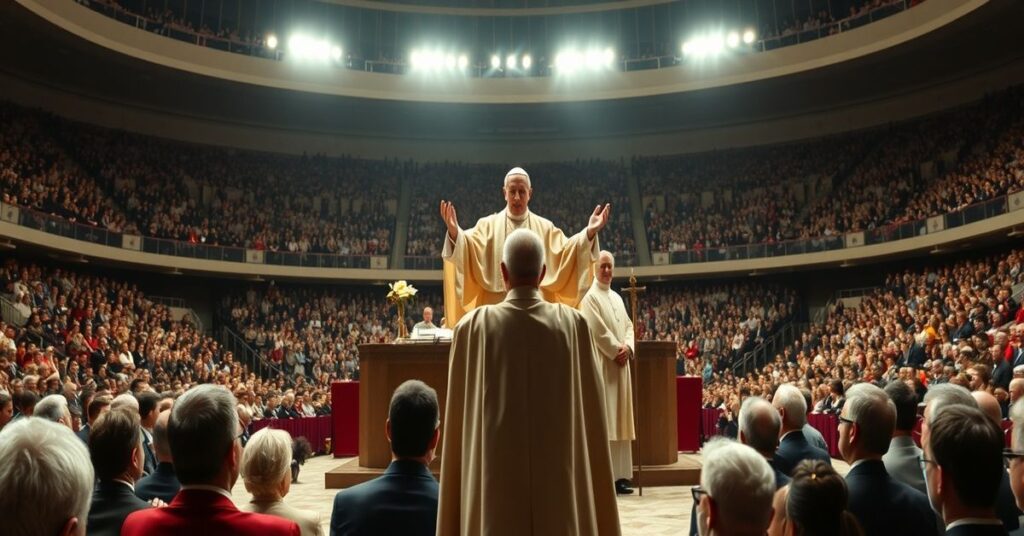 Apostate Pope Leo XIV preaching naturalism in Monaco's Louis II Stadium during a stadium Mass.