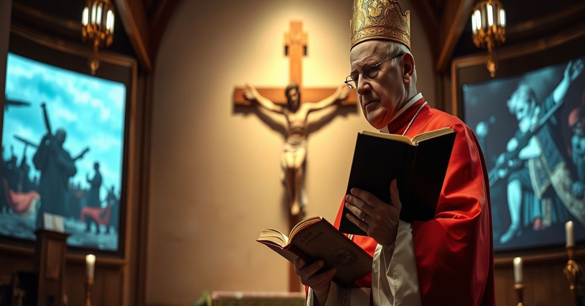 A Catholic bishop in traditional vestments holds a prayer book before a shattered crucifix in a dimly lit church, symbolizing the denial of Christ's kingship and the betrayal of Catholic doctrine.