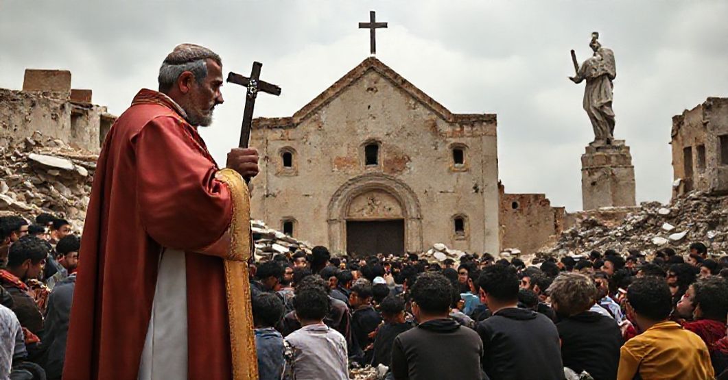 A traditional Catholic priest in Bkerké, Lebanon, weeping before a kneeling crowd of youth amid economic ruin, emphasizing true pastoral care and the Social Reign of Christ the King.