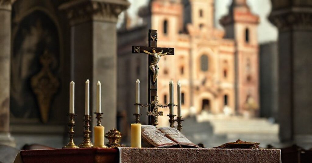 A traditional Catholic altar contrasting with antipope Leo XIV's modernist backdrop, symbolizing the erosion of true faith by religious indifferentism.