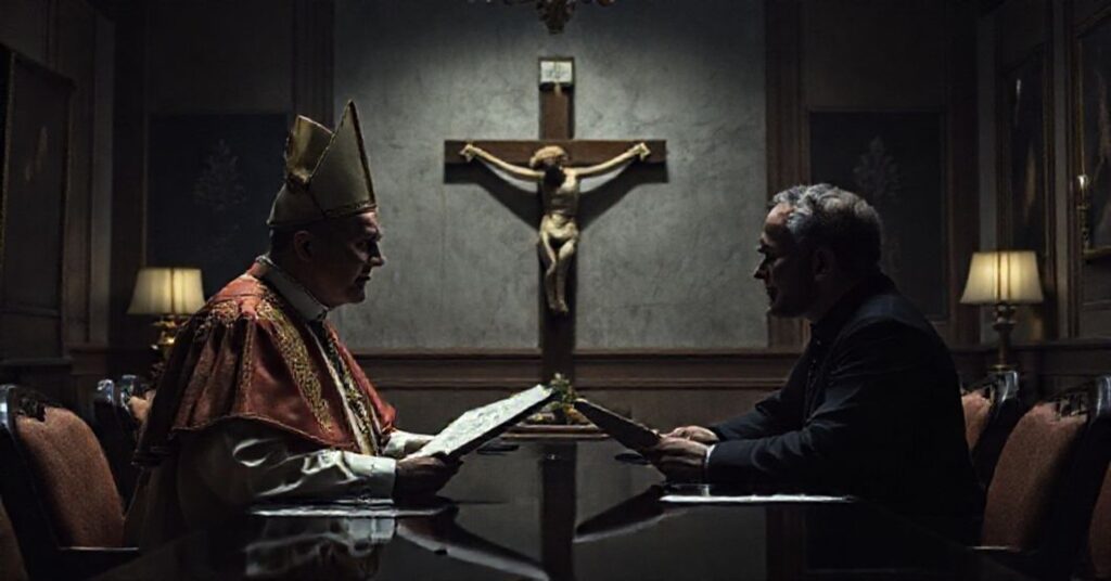 Antipope Leo XIV and Roberto Benigni in a Vatican meeting room discussing a heretical monologue about St. Peter
