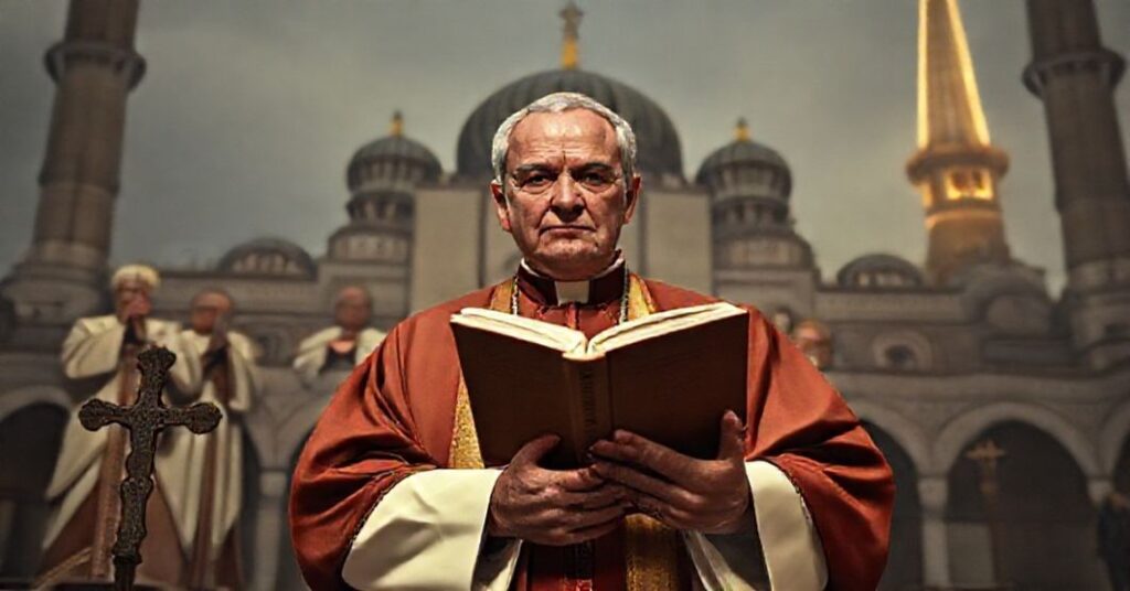 A Catholic bishop in solemn prayerful stance before an Istanbul mosque confronting heresy from the neo-church.