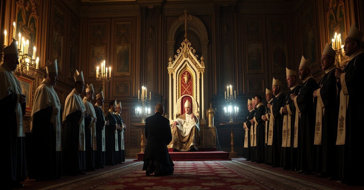 Catholic clergy in a dimly lit Vatican hall with an apostate antipope and Archbishop Rajič expressing false gratitude.