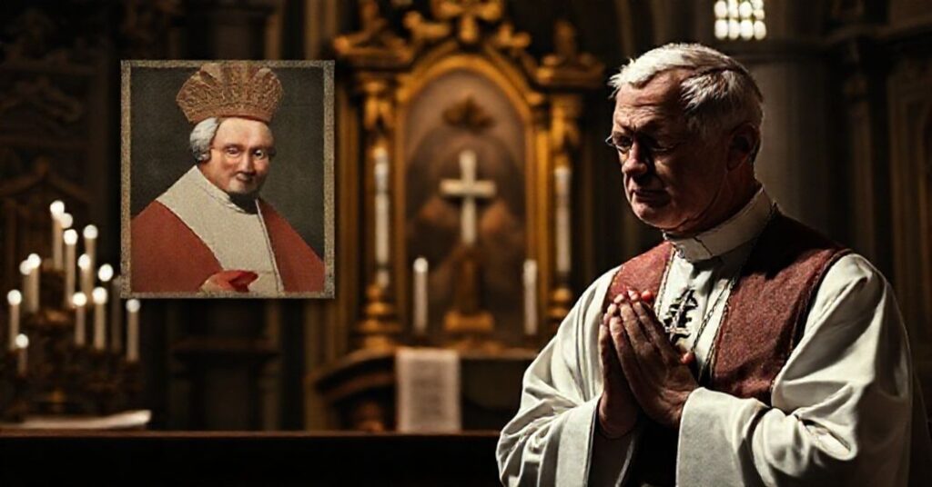A traditional Catholic priest praying solemnly in a church, with a faded image of antipope Robert Prevost ("Leo XIV") in the background.