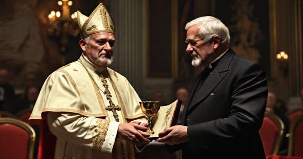 A solemn Vatican meeting between antipope Robert Prevost ('Leo XIV') and Illinois Governor JB Pritzker, exchanging symbolic gifts amidst dimly lit surroundings. The scene emphasizes moral ambiguity and spiritual crisis.
