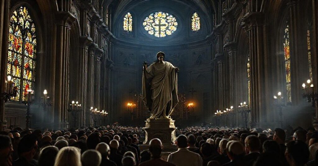 A traditional Catholic image depicting antipope Leo XIV and Armenian Catholic 'Patriarch' Raphaël Bedros XXI Minassian in a grand cathedral, symbolizing the replacement of Christ's Kingship with naturalism.