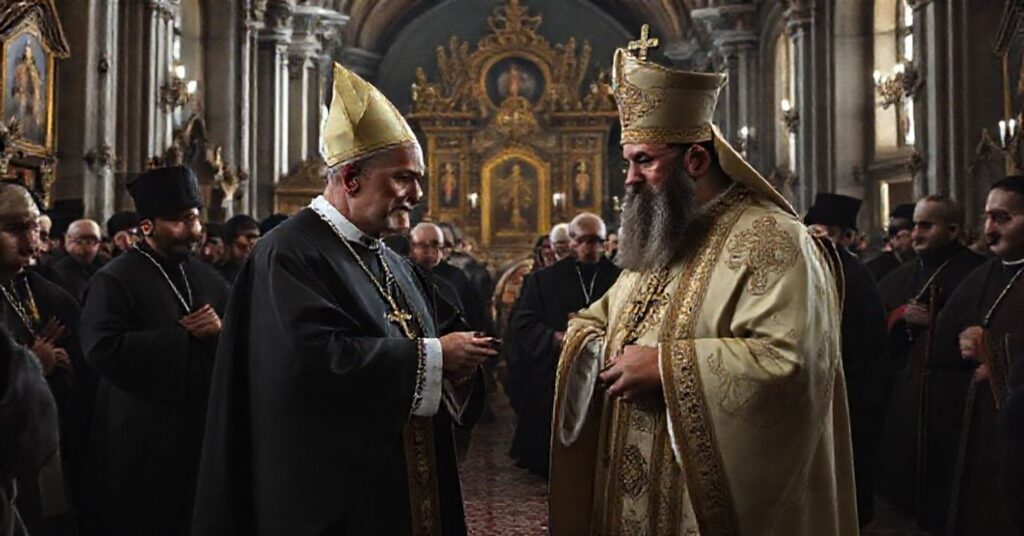 Antipope Leo XIV and Ecumenical Patriarch Bartholomew I participate in a Divine Liturgy at the Patriarchal Church of Saint George in Istanbul, symbolizing the betrayal of Catholic unity.