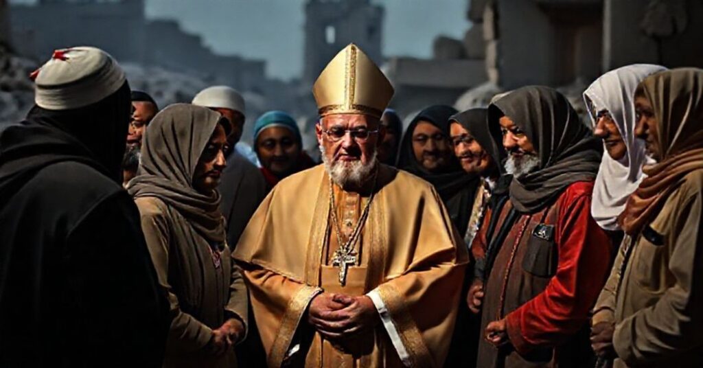 A solemn scene depicting the so-called 'Pope' Leo XIV and former 'bishop' Paolo Bizzeti in Turkey, surrounded by Muslim and Catholic aid workers during Caritas-led earthquake relief efforts.