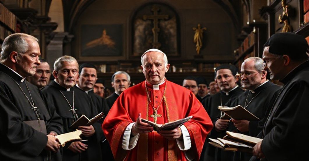 Mr. Robert Prevost at the Pontifical Lateran University - A Crisis of Faith Portrait of Mr. Robert Prevost addressing academics at the Pontifical Lateran University, highlighting the doctrinal conflict between Modernism and traditional Catholicism.