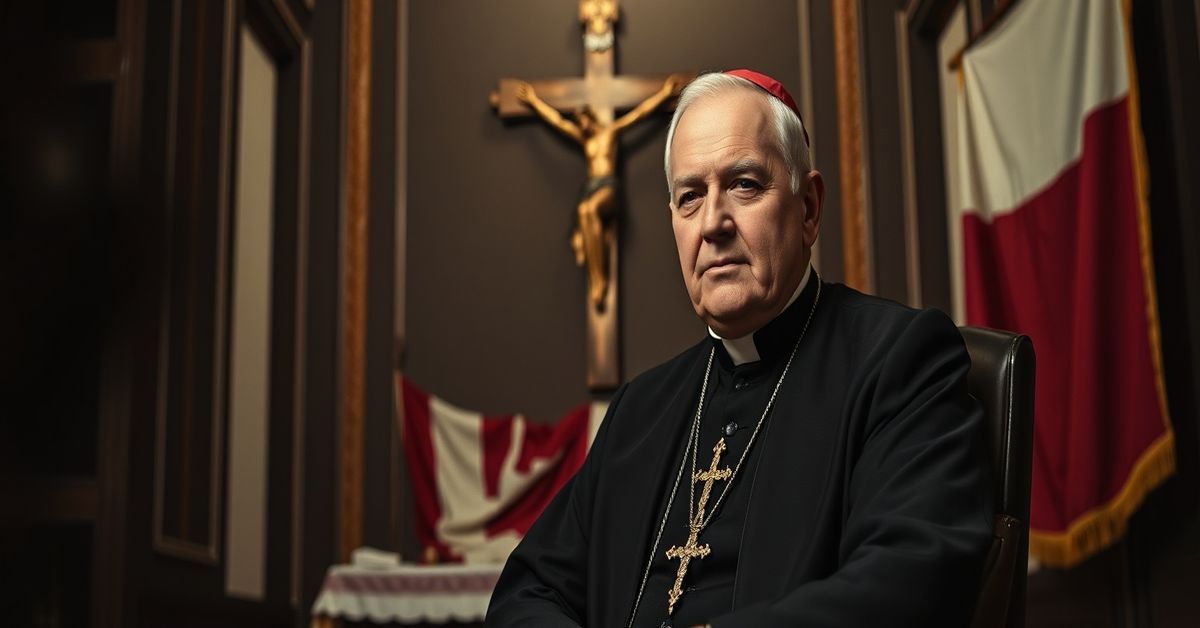 Archbishop Antoni Baraniak in a traditional Catholic chapel with a crucifix and Polish flag.