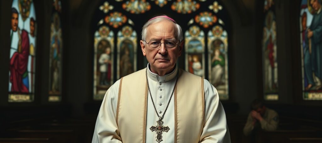 Archbishop Timothy Broglio in a somber chapel setting, reflecting on the betrayal of Catholic principles for worldly peace.