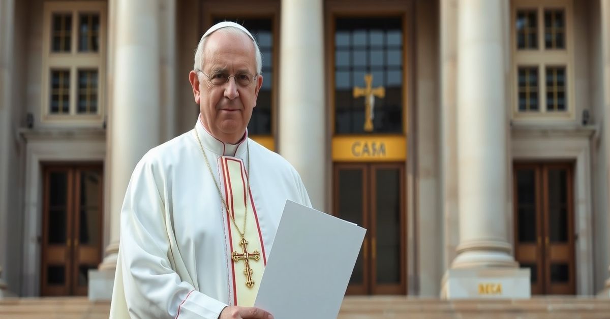 Archbishop Gabriele Giordano Caccia as the new apostolic nuncio to the United States, standing before the Vatican's diplomatic offices in traditional vestments.