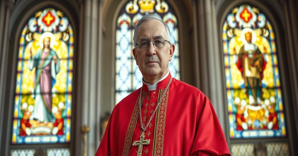 Archbishop Gabriele Caccia in traditional episcopal vestments before a grand cathedral, symbolizing the tension between diplomacy and the divine mandate of the Church.