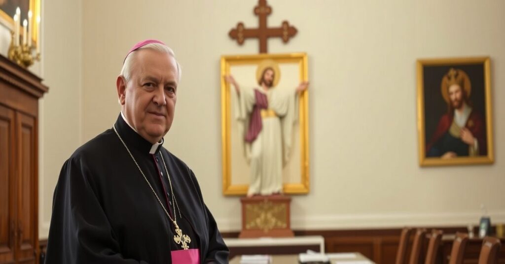 Archbishop Gabriele Caccia in a Vatican office, surrounded by diplomatic symbols, with a faint figure of Christ the King in the background, symbolizing the rejection of His kingship.