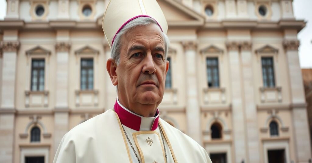 Archbishop Gabriele Giordano Caccia in traditional Catholic vestments standing before St. Peter's Basilica, symbolizing the modernist betrayal of the Church's mission.