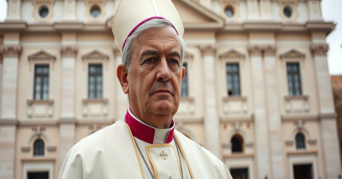 Archbishop Gabriele Giordano Caccia in traditional Catholic vestments standing before St. Peter's Basilica, symbolizing the modernist betrayal of the Church's mission.