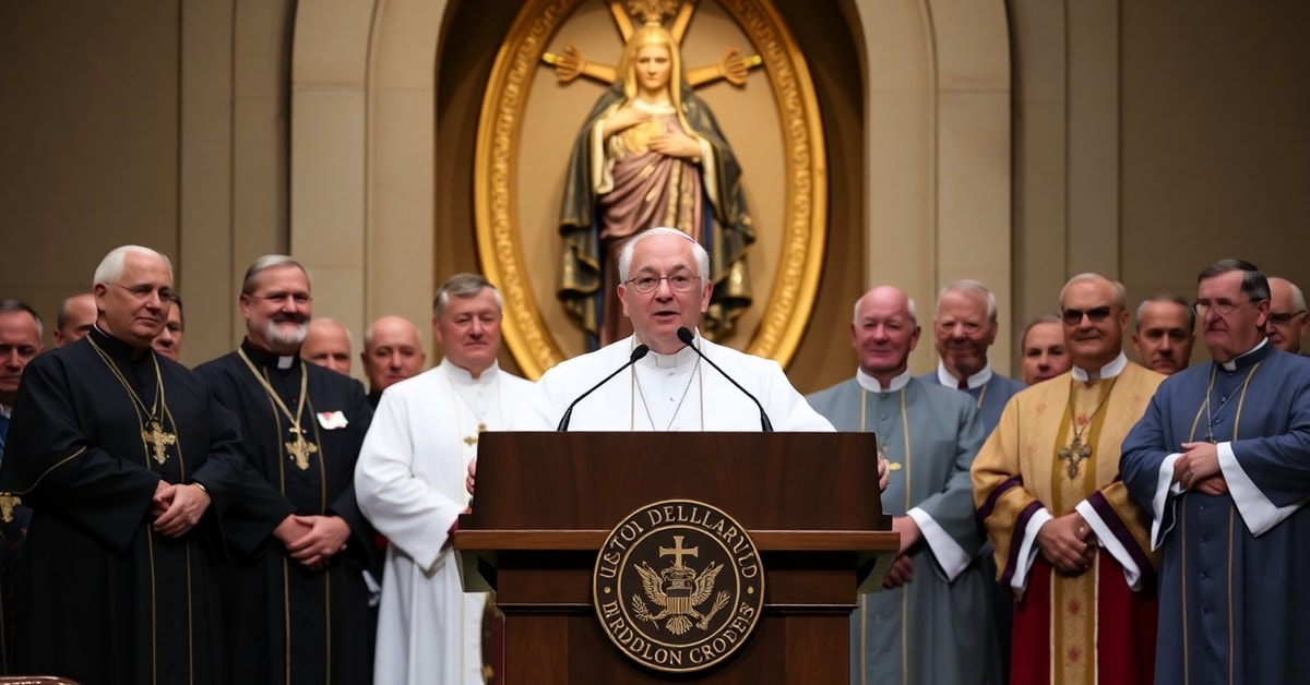 Archbishop Paul S. Coakley delivering a modernist evasion address at the USCCB plenary session in Orlando, Florida, symbolizing the spiritual bankruptcy of the post-conciliar Church.