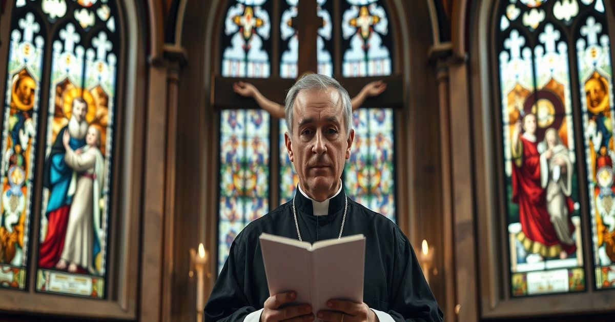 Archbishop Paul Coakley standing solemnly in front of a historic cathedral, reading a statement with a large crucifix behind him.