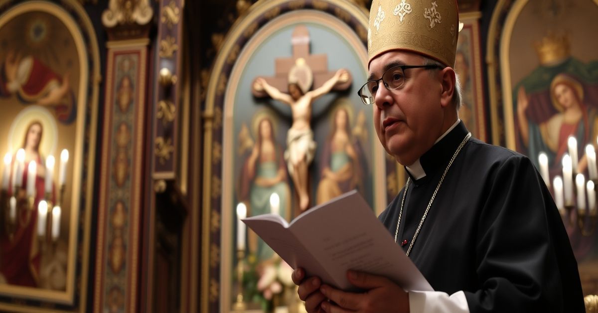 Archbishop Juan Antonio Cruz Serrano delivering a speech at the OAS Permanent Council, with a backdrop of a traditional Catholic chapel adorned with images of Christ the King.