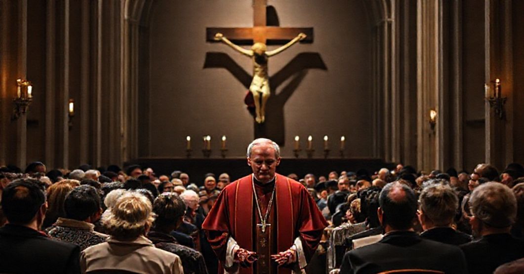 Archbishop Gregory Hartmayer at the Atlanta Conference on Restorative Justice, surrounded by interfaith participants in a dimly lit cathedral with a crucifix in the background.