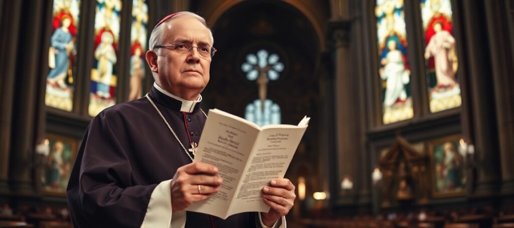 Archbishop Ronald Hicks holds an encyclical in a traditional Catholic cathedral setting, symbolizing the neo-church's focus on technology over supernatural mission.