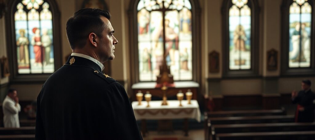 Archduke Eduard Habsburg-Lothringen in a traditional Catholic church during a Latin Mass, symbolizing the conflict between historic liturgy and modern secularism.