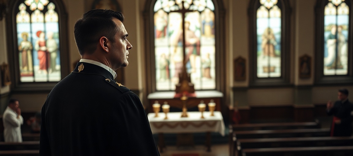 Archduke Eduard Habsburg-Lothringen in a traditional Catholic church during a Latin Mass, symbolizing the conflict between historic liturgy and modern secularism.